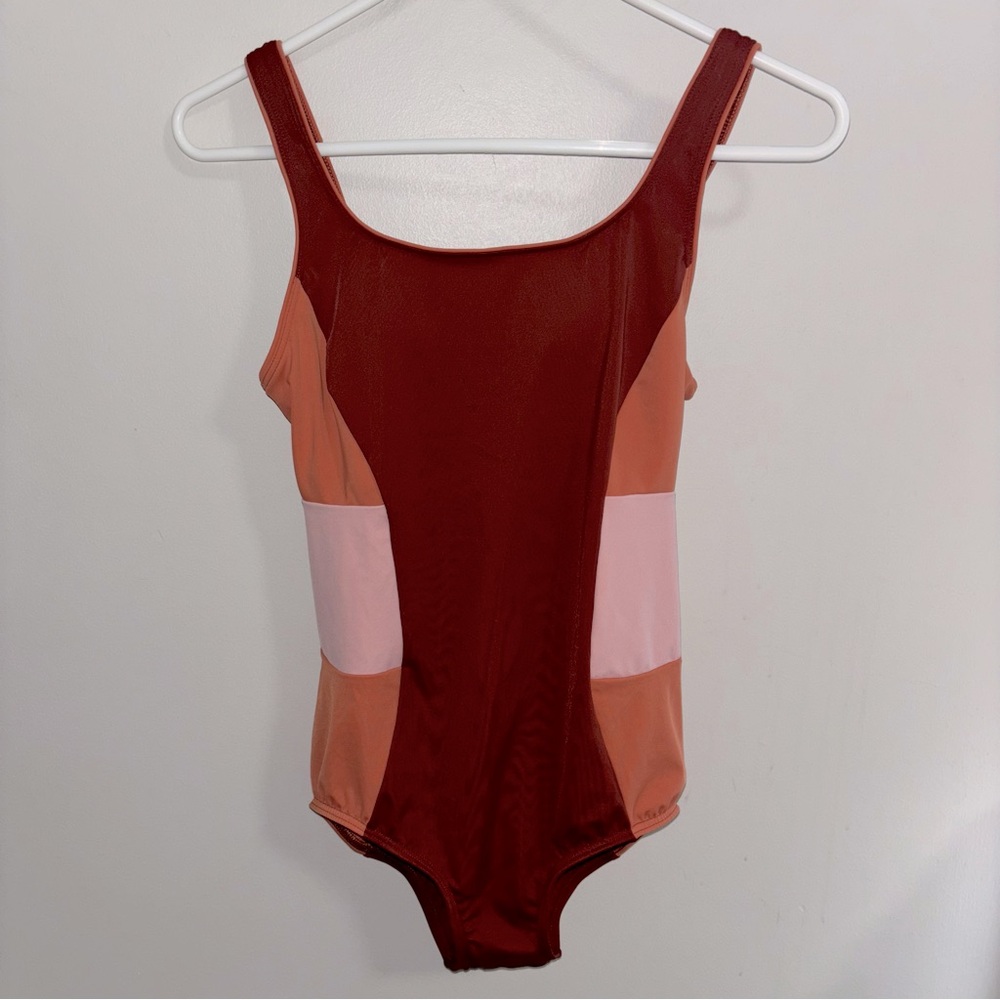 Lands End NEW 1 piece colorblock chlorine resistant burnt orange swimsuit size 4